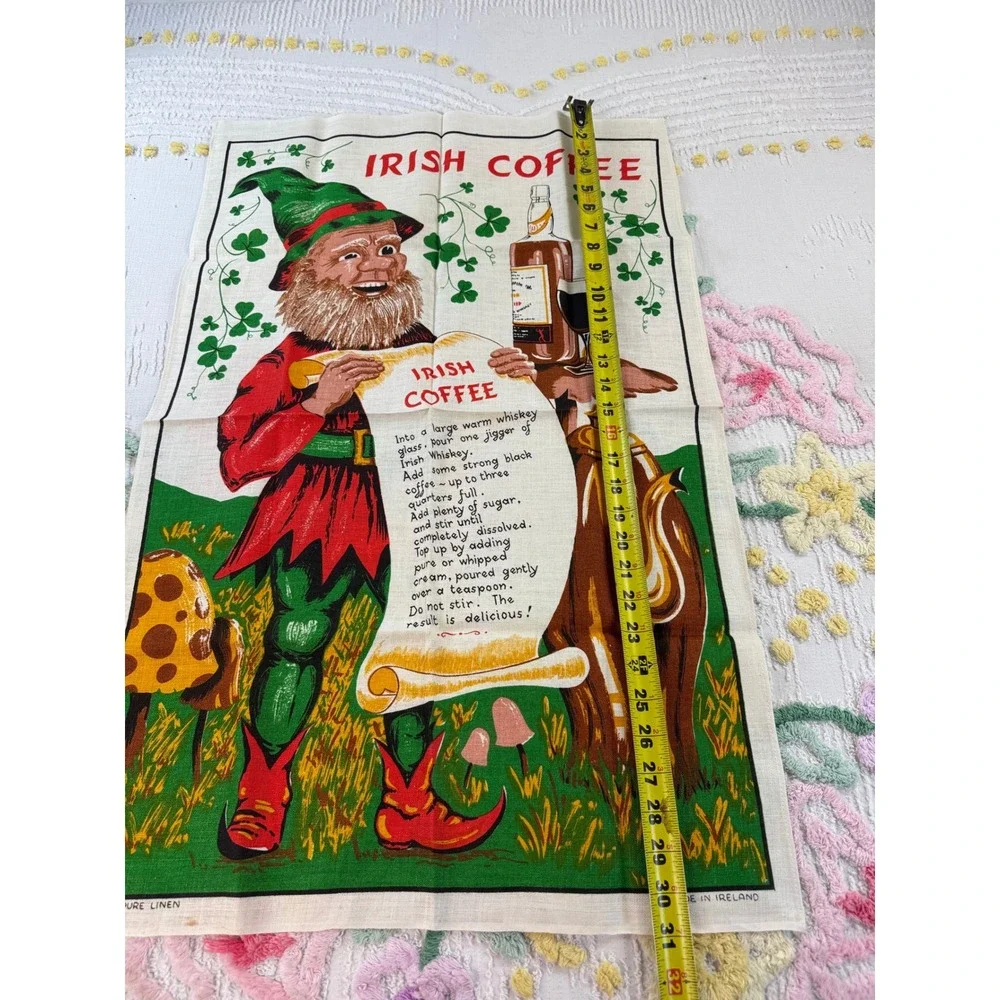 Vintage Irish Coffee Tea Towel Pure Linen Made in Ireland Leprechaun Recipe